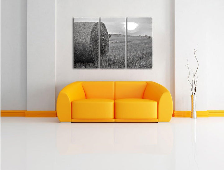 Pixxprint Strohballen auf Feld als Leinwandbild/Grösse: 3 Teilig (120x80) cm/Wandbild/Kunstdruck/fer