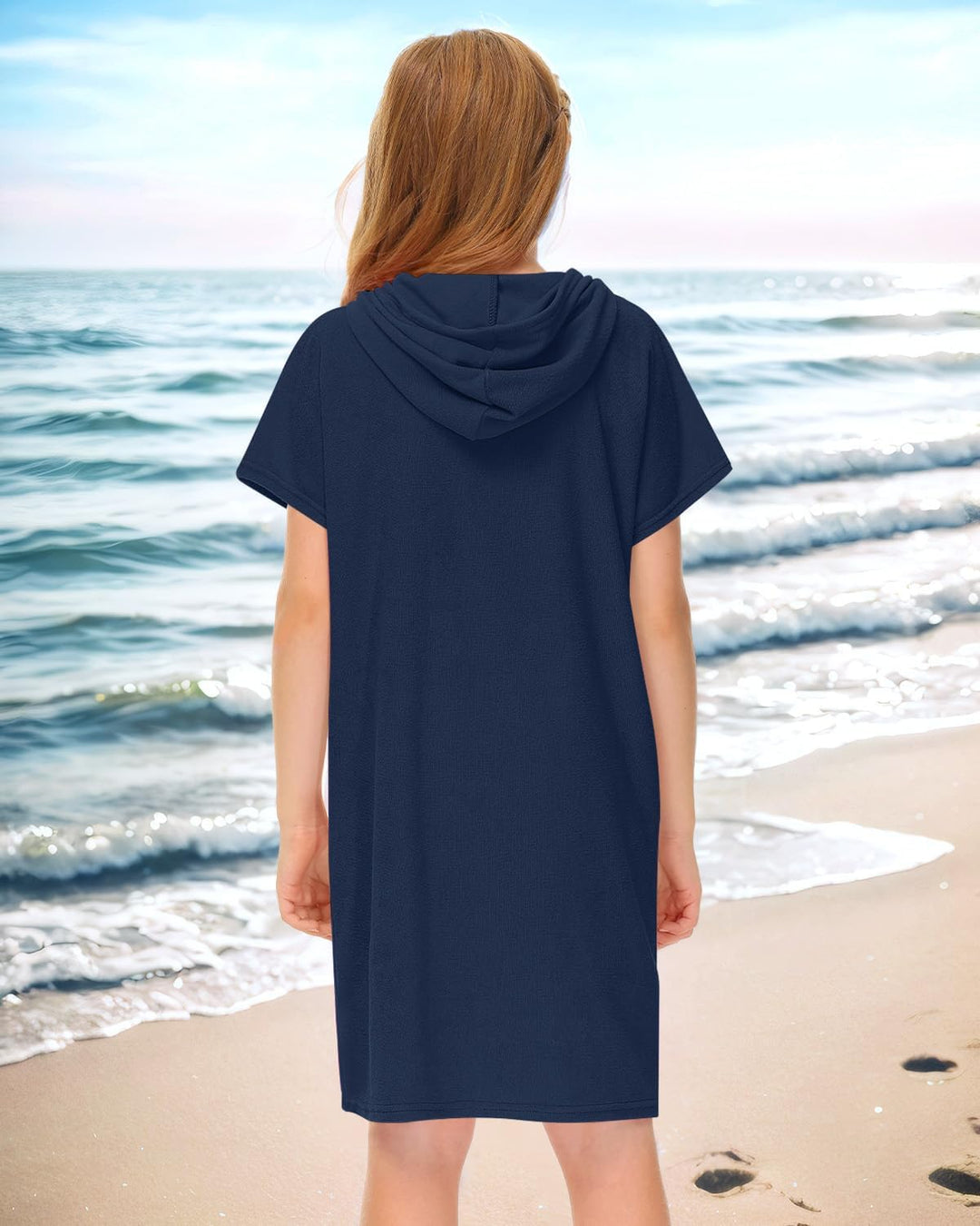 BesserBay Mädchen Junge Badeponcho Frottee Bademantel Kapuze Poncho mit Taschen Zip Cover Up Kinder