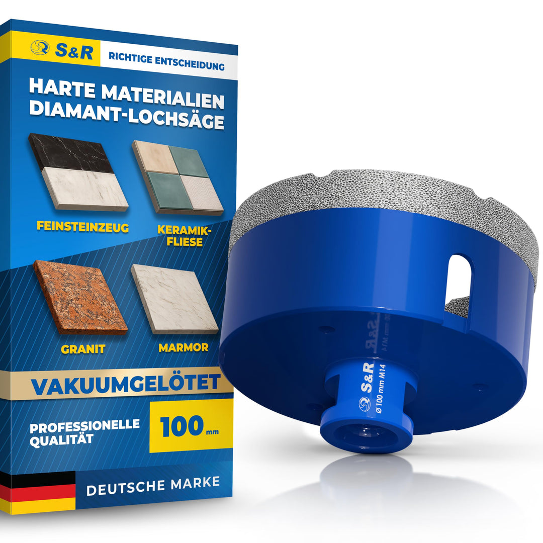 S&R Professional Diamant Fliesenbohrer 100 mm, Lochsäge für Fliesen M14 Gewinde, Diamant Bohrer Flie