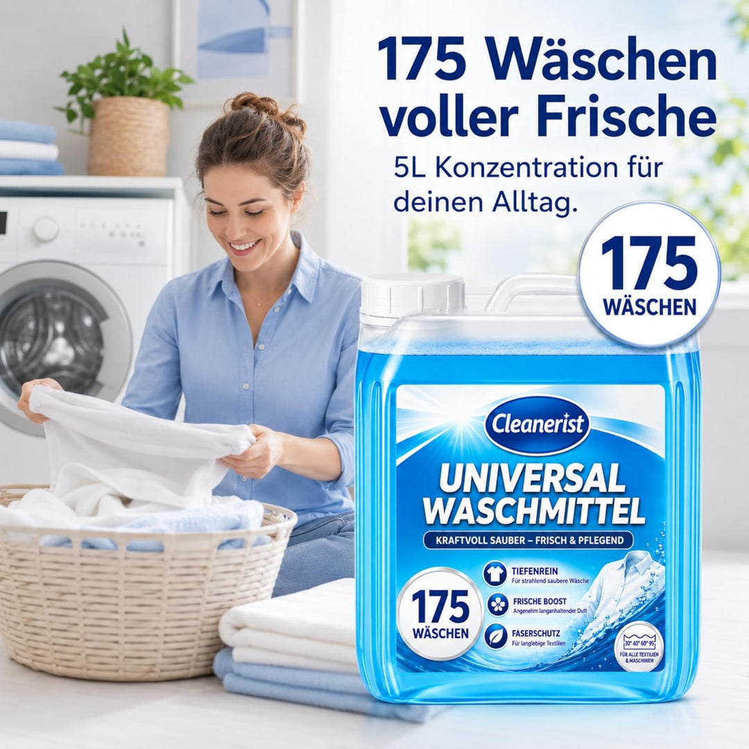 Cleanerist | 5L Universal Flüssigwaschmittel Vollwaschmittel – XXL Grosspackung – für Weiss- Bunt- S