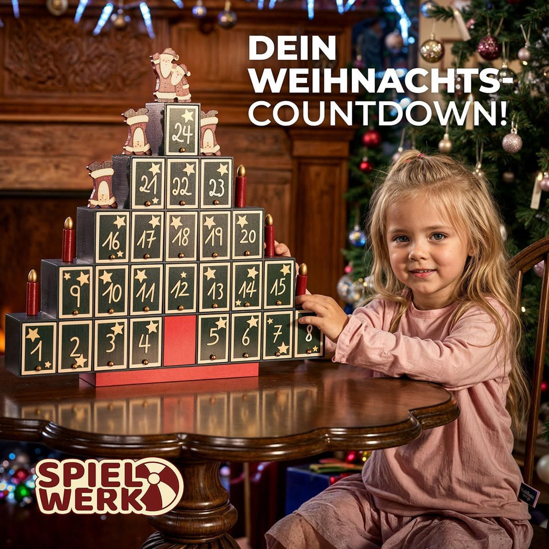 Spielwerk® Wiederverwendbarer Adventskalender Tannenbaum zum Befüllen 24 Türchen Bunt Bemalt Weihnac