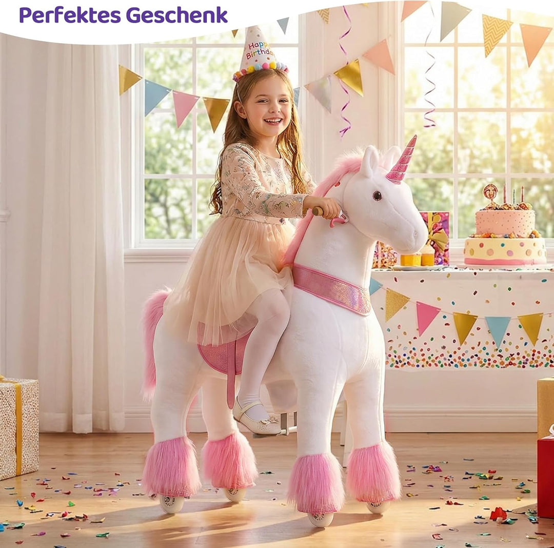 PonyCycle Einhorn zum Reiten, für Erwachsene/Kinder ab 7, 76cm Hoch, Einhorn auf Rollen mit Handbrem