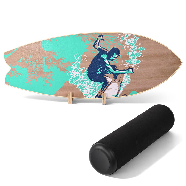 Balance Board mit Korkrolle 33cm, 75x28cm Surfboard Trainer aus Holz, Gleichgewichtsboard mit Stoppe