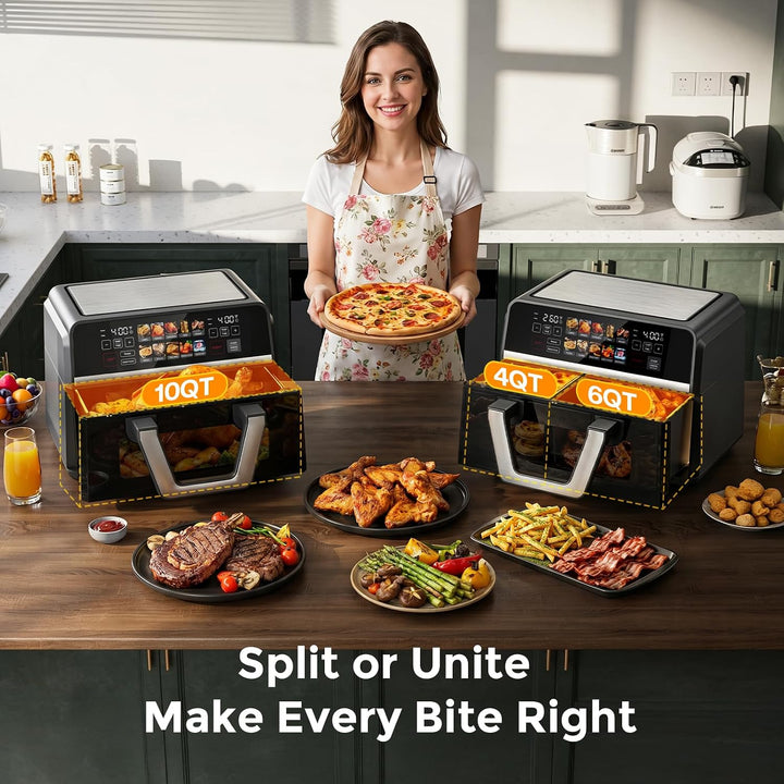 10-in-1-Luftfritteuse, 10.0QT Klarglas-Korbfritteuse, 360° Kochfenster, 2500 W präzise Heizung für g