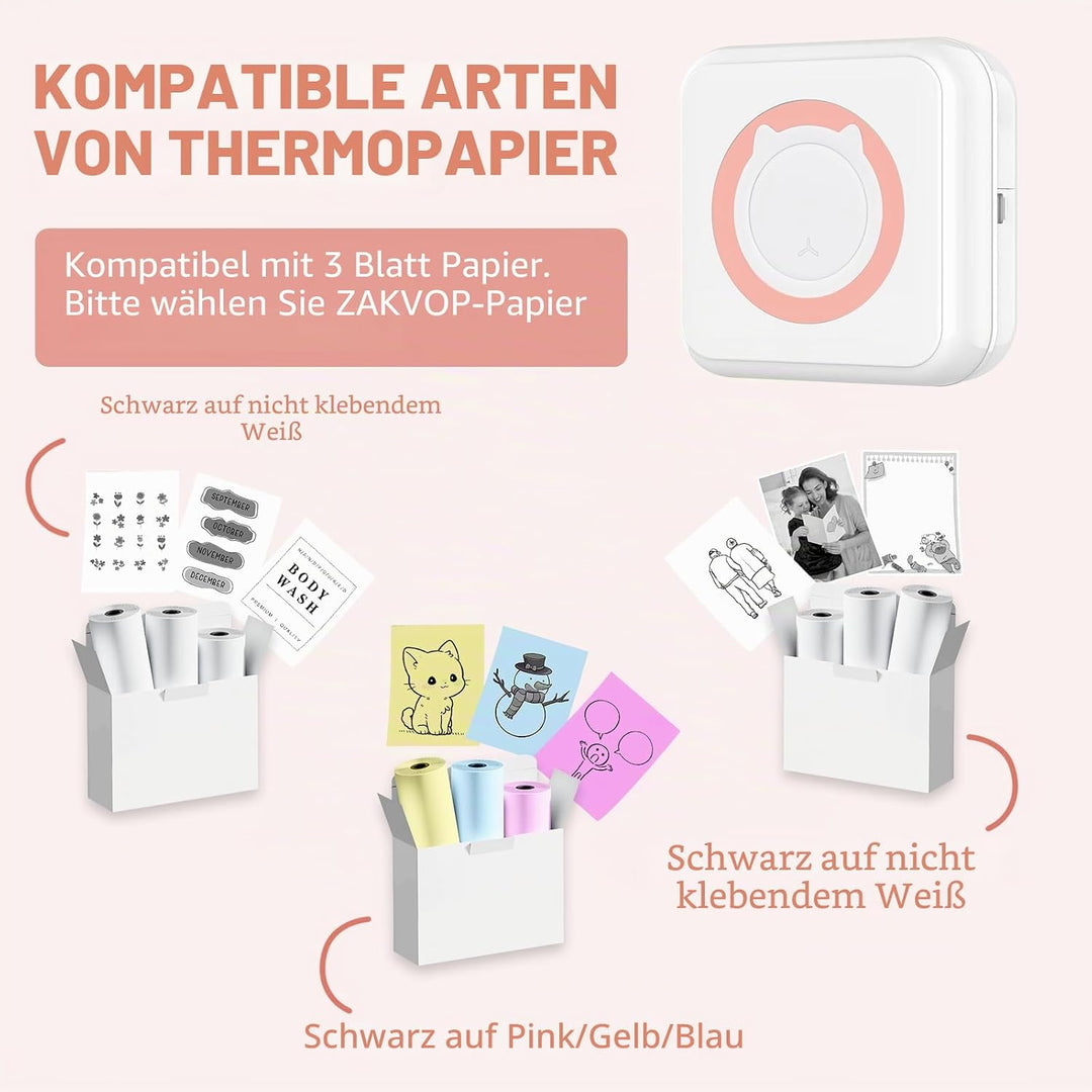 Mini drucker 300DPI, Mini drucker Aufkleber, Mini drucker für Smartphone, Bluetooth tragbarer Mini t