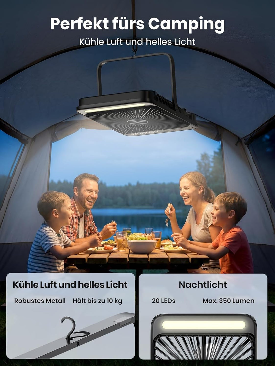 Warmco D4 Pro Camping Ventilator, 20000mAh 22.5W 27cm Ultra-Dünner Akku Ventilator mit LED-Licht, 15