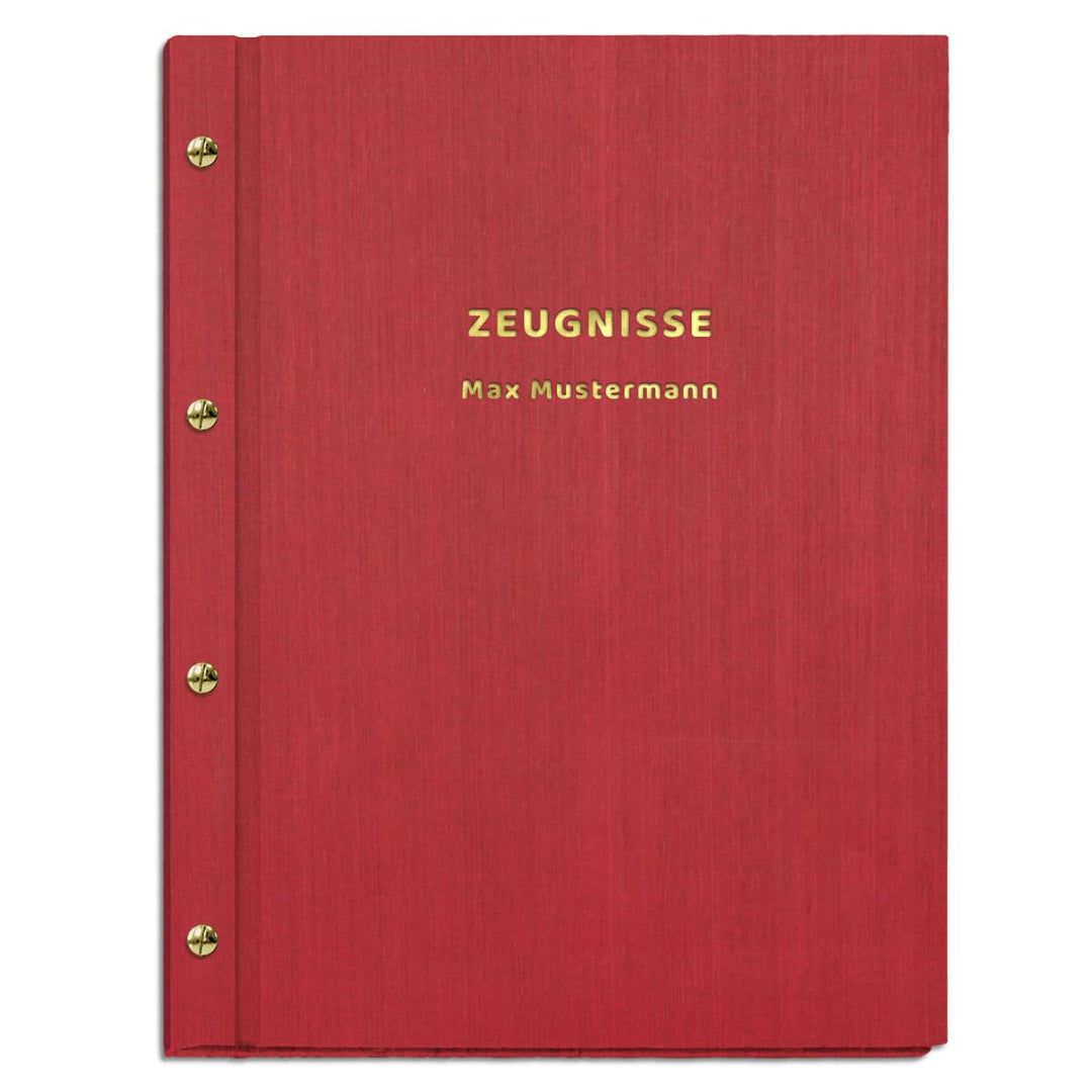 Zeugnismappe im roten Einband in Leinenoptik inkl. personalisierter Prägung in gold oder silber – mi