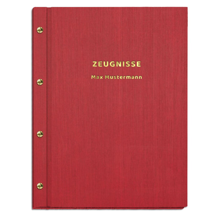 Zeugnismappe im roten Einband in Leinenoptik inkl. personalisierter Prägung in gold oder silber – mi
