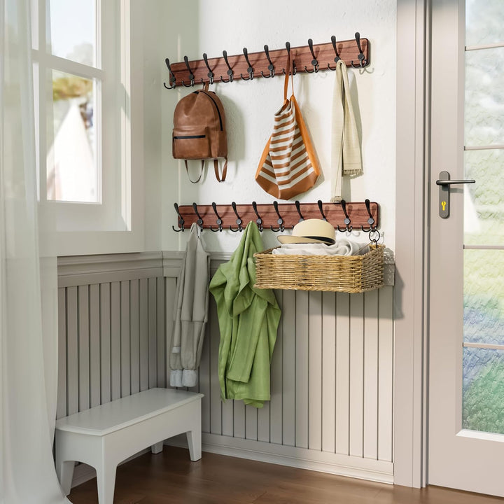SKOLOO Garderobenleiste Holz, Vintage, Stabile Kleiderhaken Wand mit 10 Dreifachhaken, zum Aufhängen