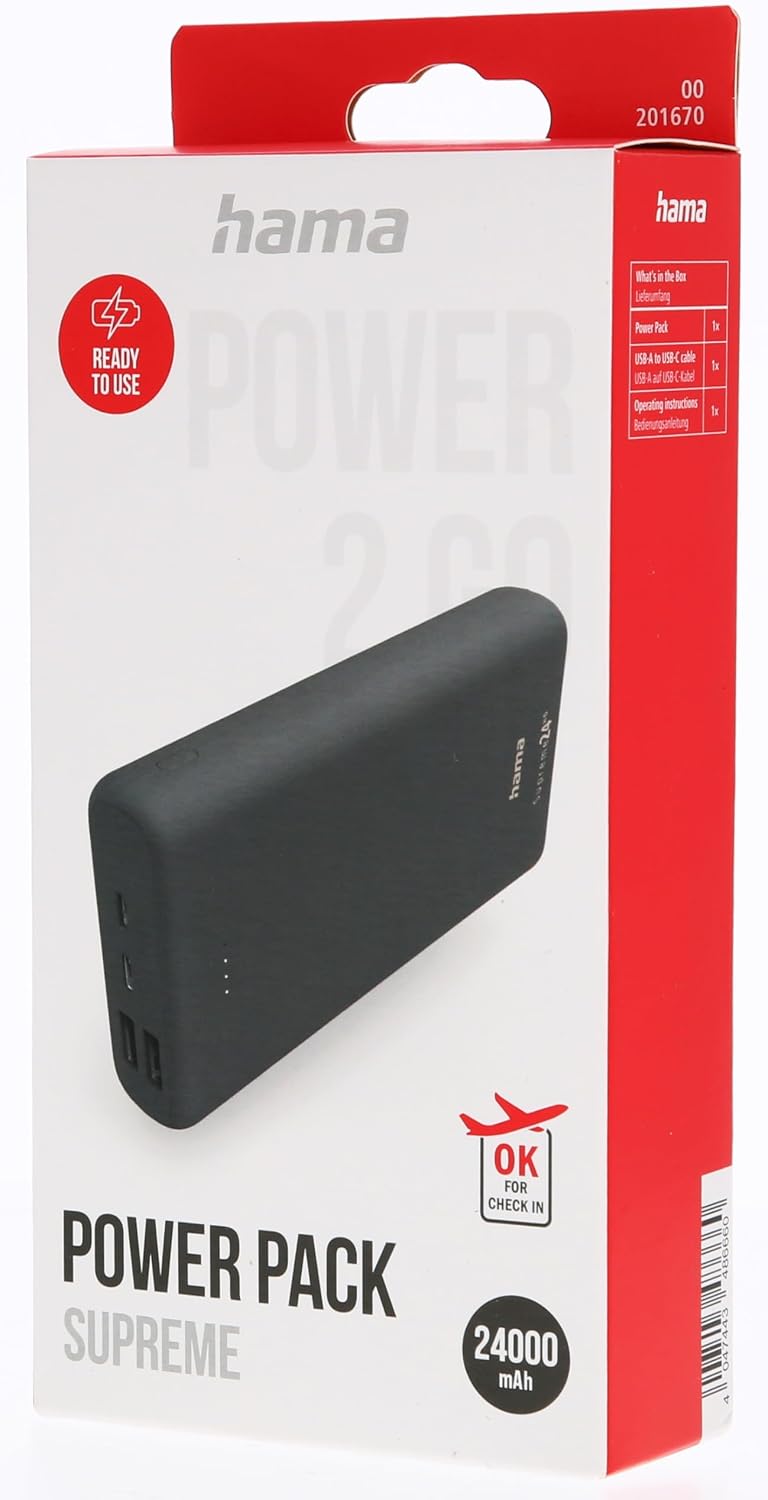 Hama Powerbank Supreme 24000mAh (externer Akku mit 1x USB C + 2x USB A, Power Pack zertifiziert, Akk
