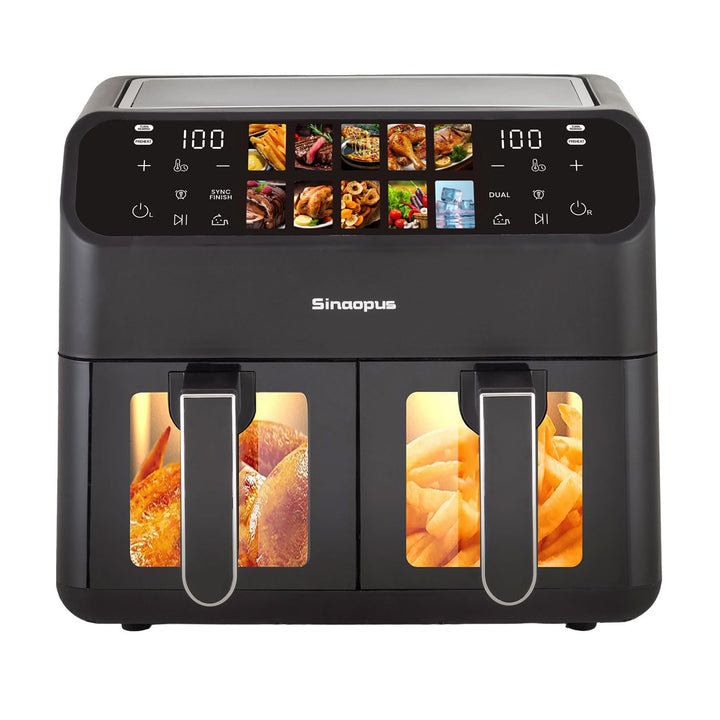 Heissluftfritteuse 2000W mit zwei Kammern 9L, Airfryer mit 10 Programme und LED-Touchscreen, Frittie