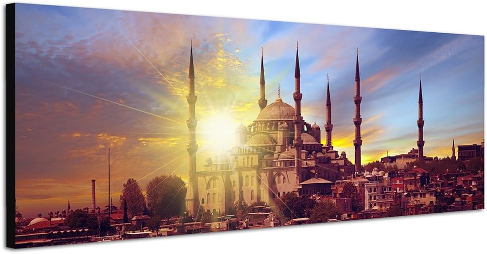 Paul Sinus Art Panoramabild auf Leinwand und Keilrahmen 150x50cm Istanbul Moschee Sonnenuntergang Wa