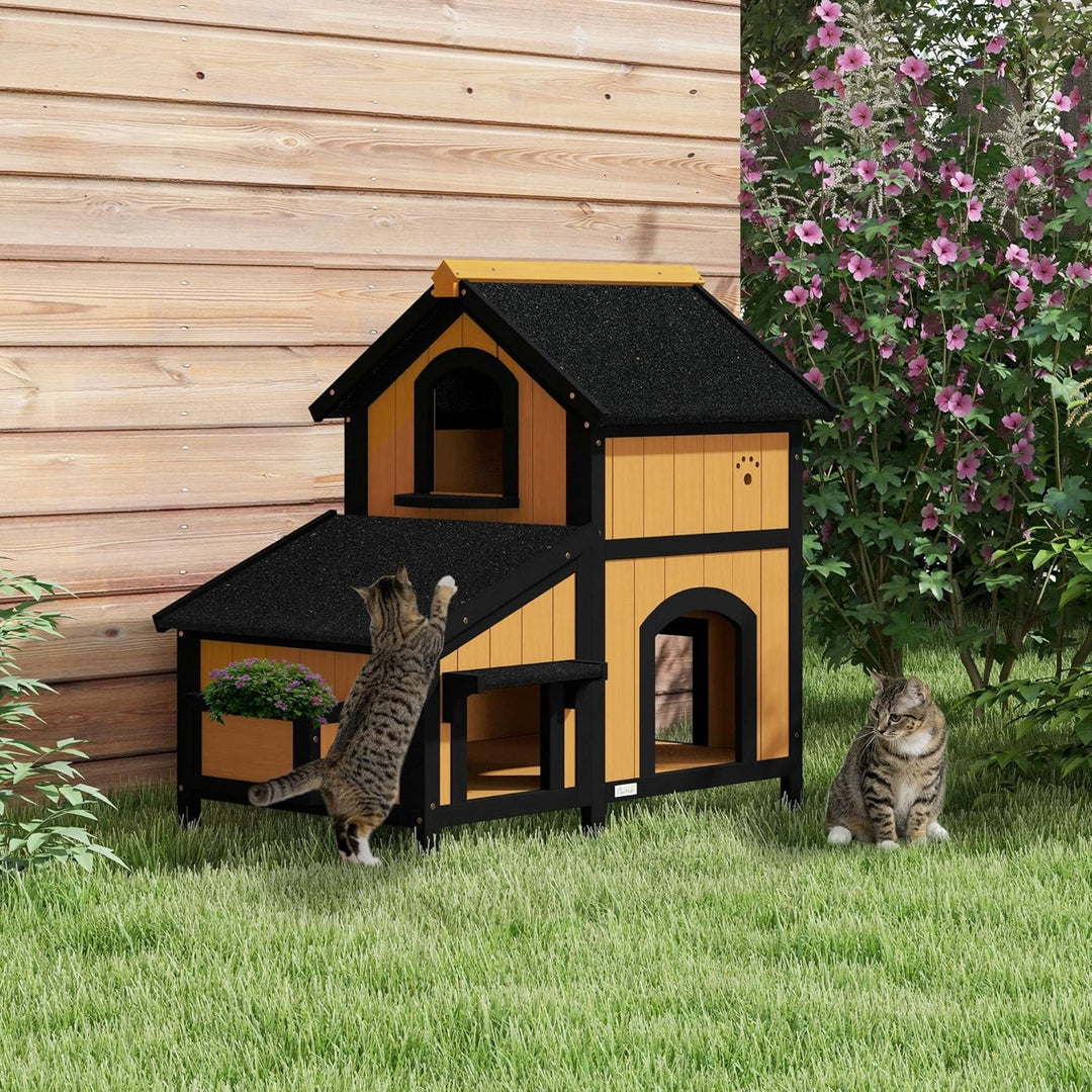 PawHut Katzenhaus, Tannenholz, Katzenhütte mit mehreren Eingängen, 2 Etagen, Katzenhöhle für drausse