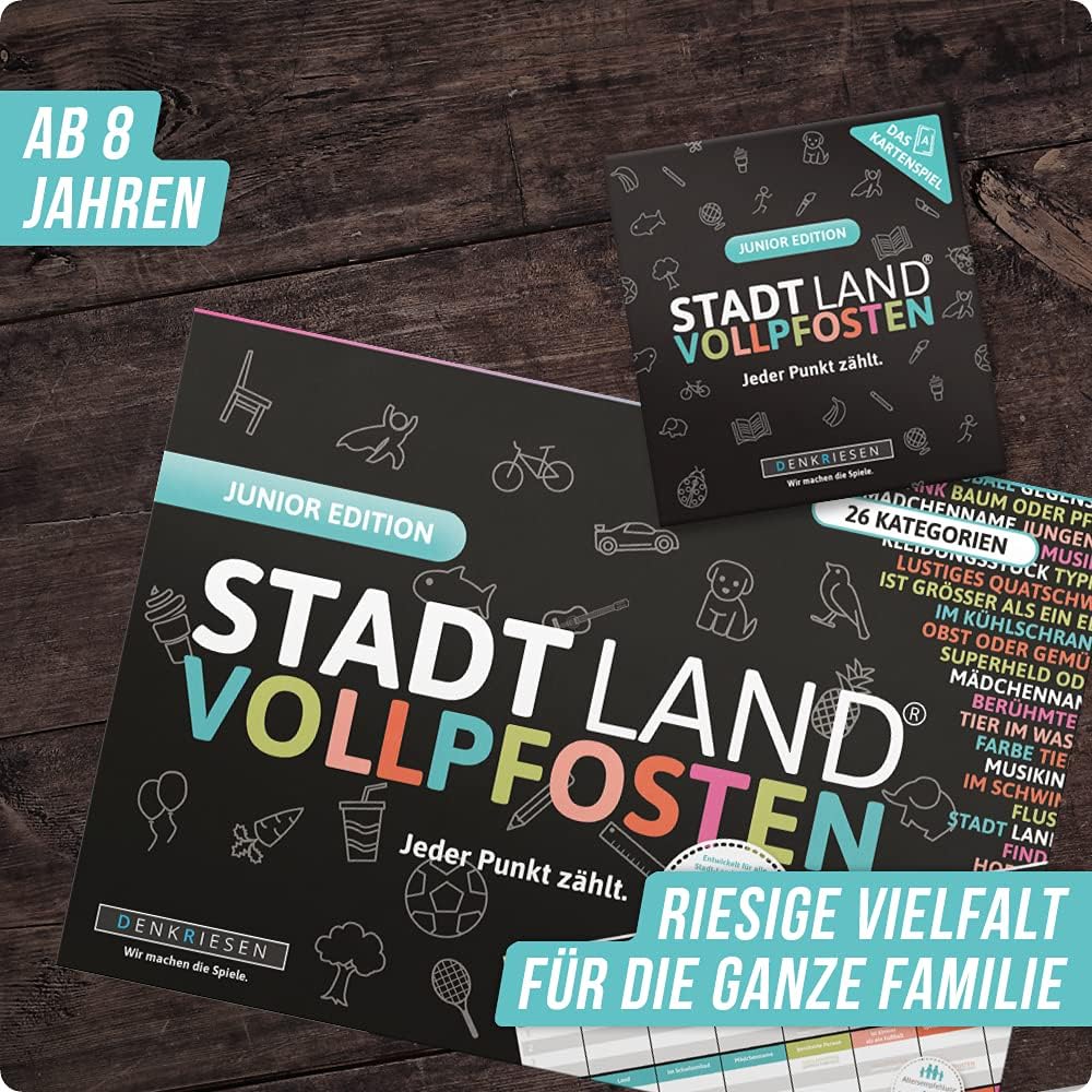 DENKRIESEN Stadt Land VOLLPFOSTEN - JUNIOR-Duo - Das Kartenspiel und der Spielblock - Junior Edition