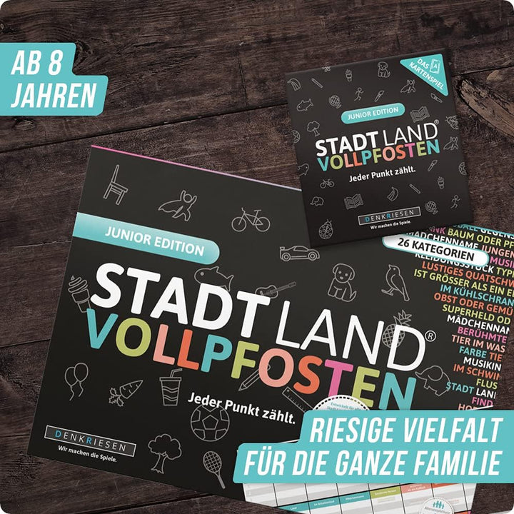 DENKRIESEN Stadt Land VOLLPFOSTEN - JUNIOR-Duo - Das Kartenspiel und der Spielblock - Junior Edition