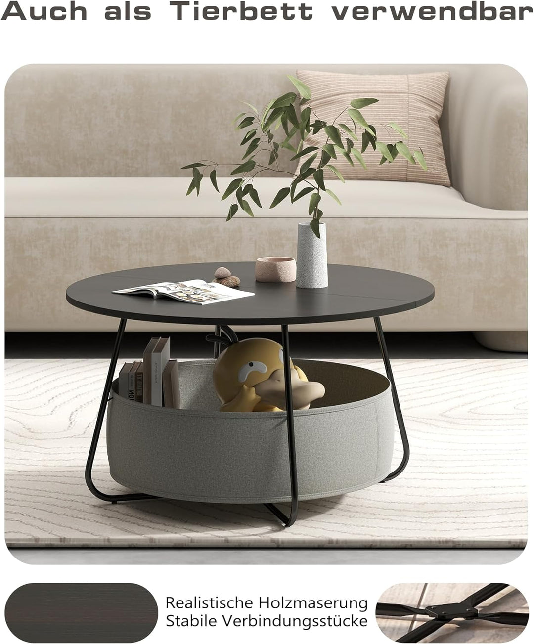 Manora Runder Couchtisch Schwarz mit Stoffkorb & Stauraum,Wohnzimmertisch Rund,Moderner Sofatisch mi