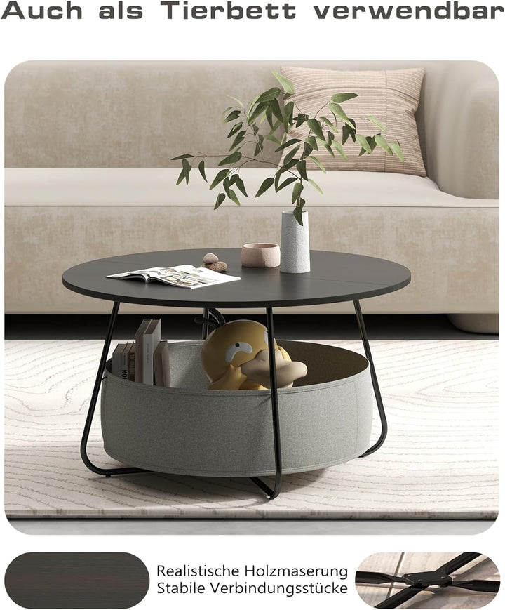 Manora Runder Couchtisch Schwarz mit Stoffkorb & Stauraum,Wohnzimmertisch Rund,Moderner Sofatisch mi