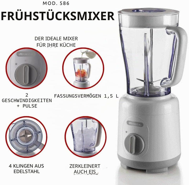Ariete Breakfast 586 Blender, Elektrischer Mixer mit 4 Edelstahlklingen, 2 Geschwindigkeiten + Pulse