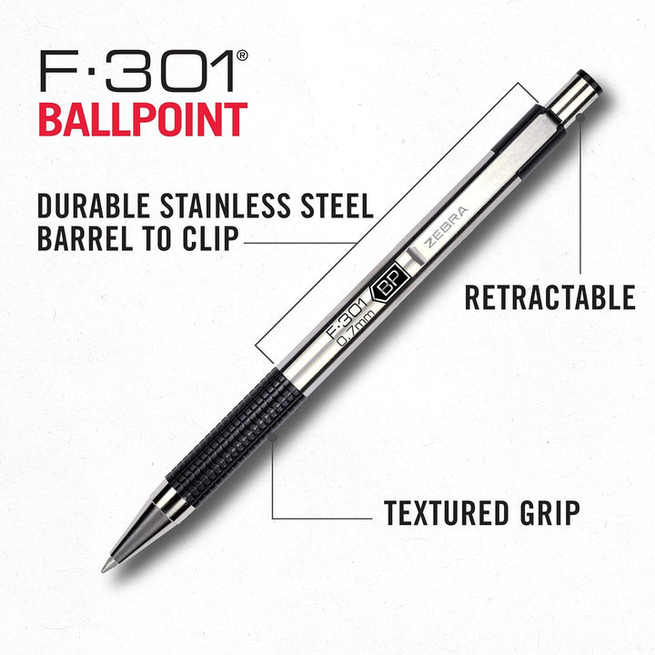 Zebra F-301 Ballpoint Stainless Steel Retractable Pen, Fine Point, 0.7mm, Black Ink, 4-Count (Packag
