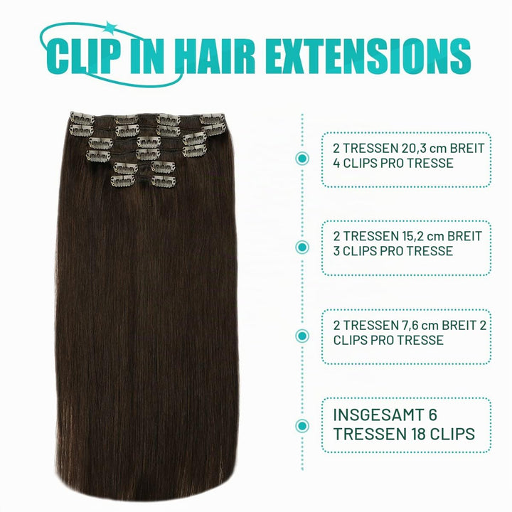 SURNEL Clip in Extensions Eechthaar, 35cm 14 Zoll 100g 6pcs Dunkel Braun Hair Extensions Clip in Ech