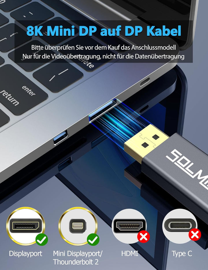 Mini DisplayPort zu DisplayPort Adapter Kabel, 8K@60Hz 4K@144Hz 2K@240Hz, Bidirektional DP 1.4 auf M