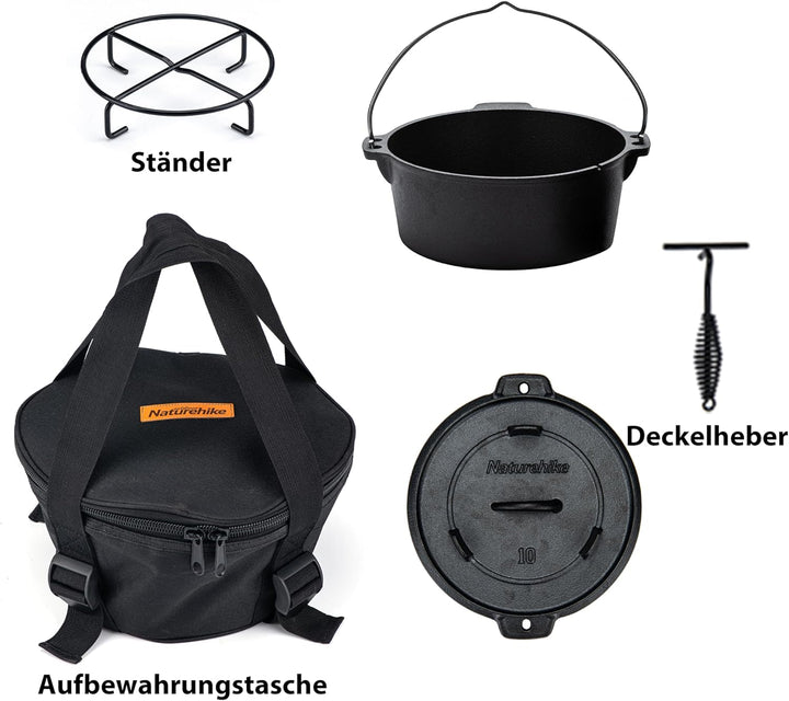 Naturehike Dutch Oven mit Deckel, 4.5 Qt, vorgebrannter Dutch Oven aus Gusseisen mit Aufbewahrungsta