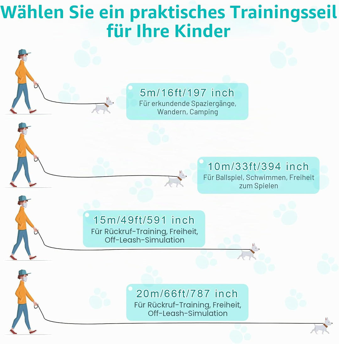 IOKHEIRA Trainingsleine für Hunde, wasserdichte Hundeleine mit Gepolstertem Griff 5m/10m/15m/20m, PV
