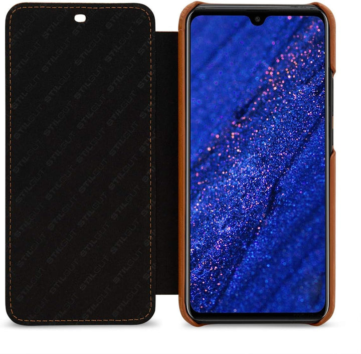 STILGUT Lederhülle für Huawei Mate 20 Lite Book Type, Cognac, cognac