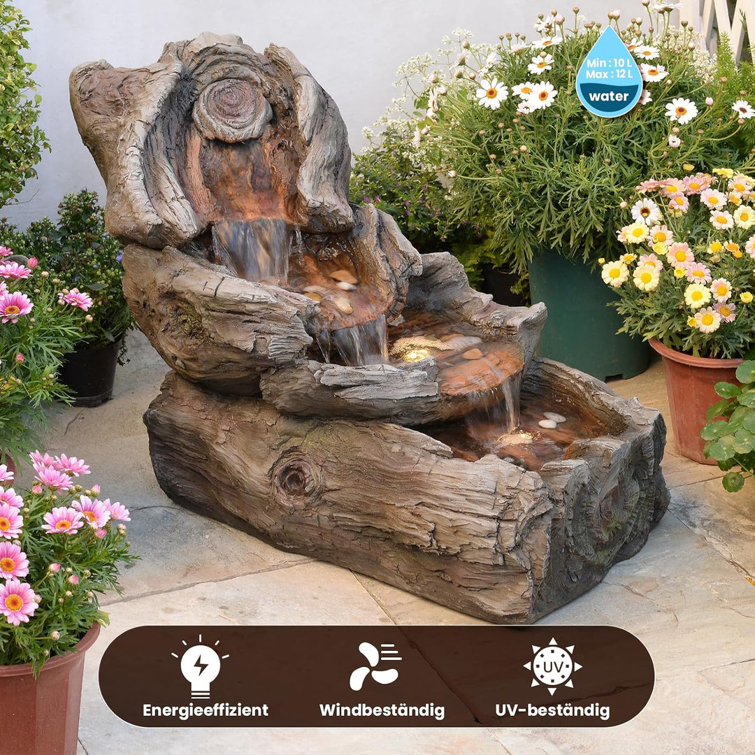 Sunlinua 4-stufige Gartenbrunnen in Holzoptik aus Harz mit LED-Beleuchtung – 80 cm Wasserfall, Garte