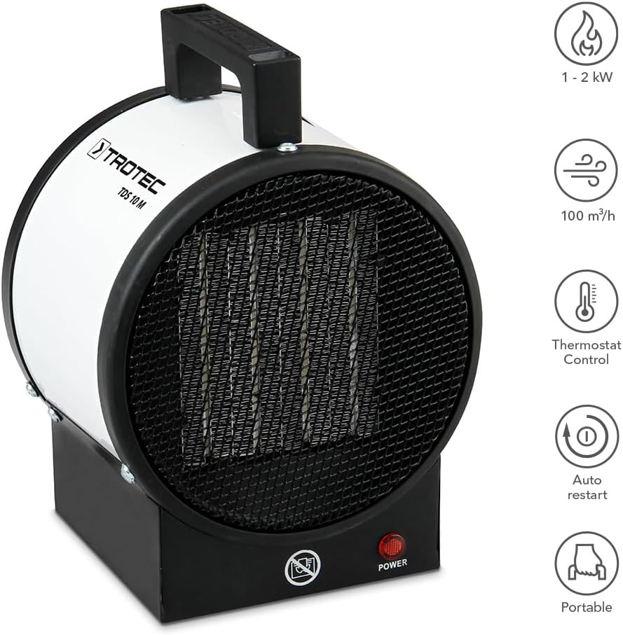 TROTEC Bauheizer elektrisch TDS 10 M – Heizleistung 1 kW / 2 kW – Elektroheizer Luftmenge 100 m³/h –