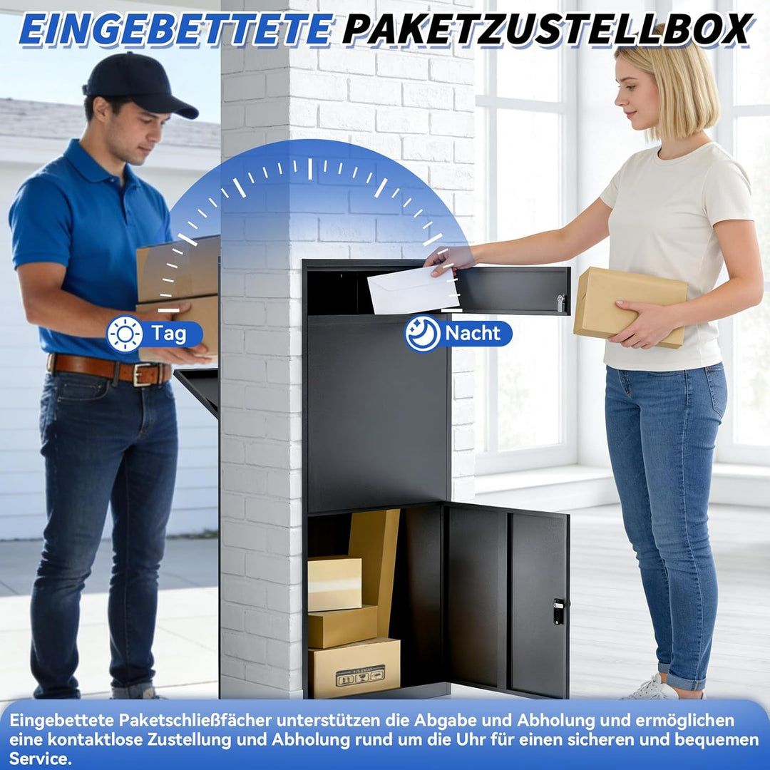 Paketkasten für draussen - Abschliessbarer schwarzer Metall-Paketkasten, Anti-Diebstahl, IPX3 wasser