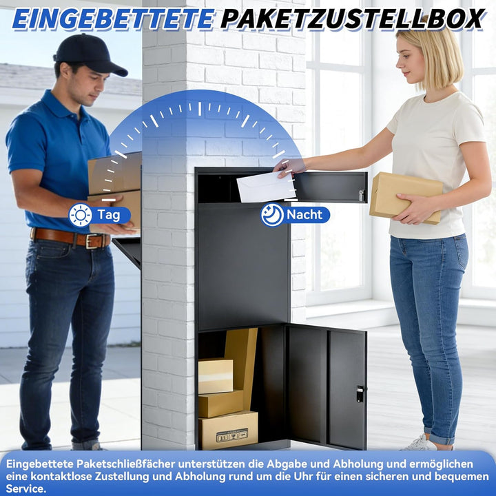 Paketkasten für draussen - Abschliessbarer schwarzer Metall-Paketkasten, Anti-Diebstahl, IPX3 wasser