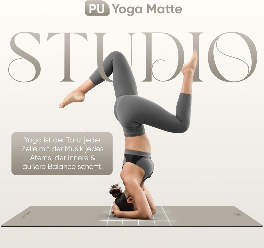 Premium Yoga-Matte STUDIO 185 x 68 x 0,4cm (extra gross) inkl. Gurt aus ECO PU & Naturkautschuk - An