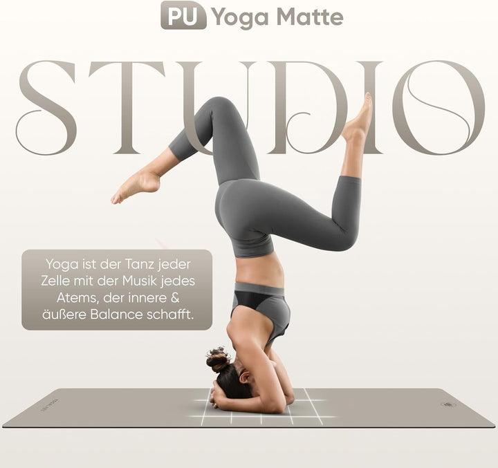 Premium Yoga-Matte STUDIO 185 x 68 x 0,4cm (extra gross) inkl. Gurt aus ECO PU & Naturkautschuk - An