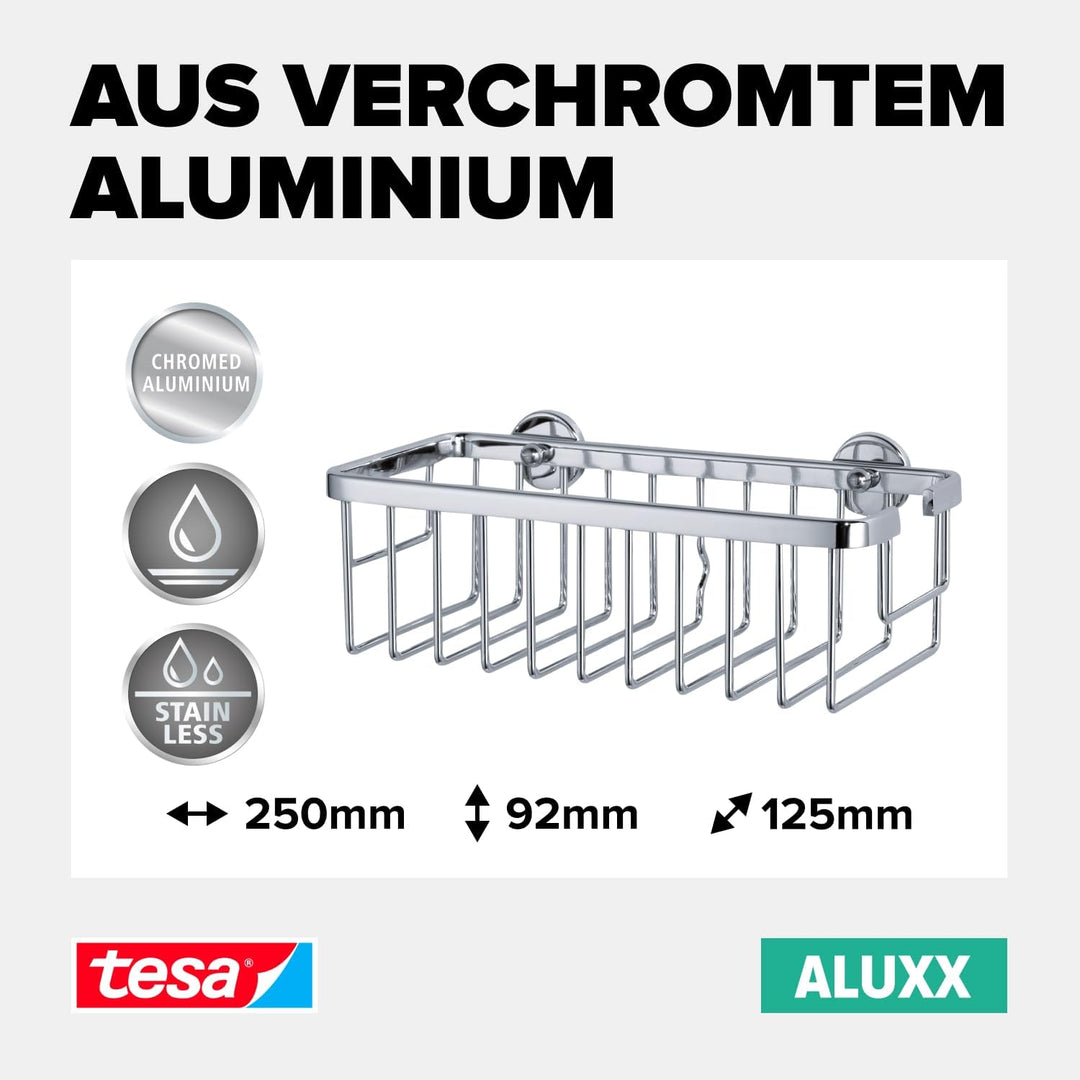 tesa ALUXX Duschkorb, Aluminium, verchromt, garantiert rostfrei, inkl. Klebelösung, tiefer Boden, 12