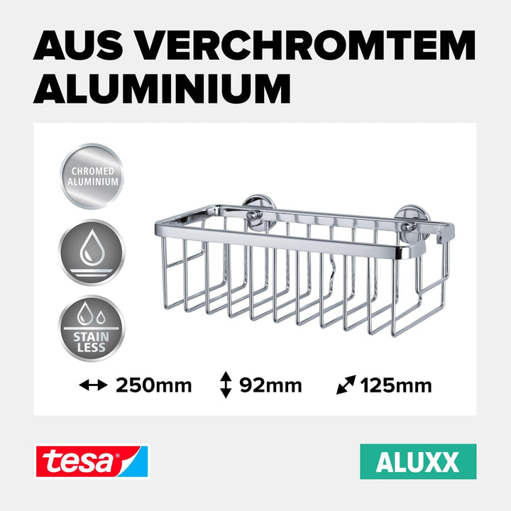 tesa ALUXX Duschkorb, Aluminium, verchromt, garantiert rostfrei, inkl. Klebelösung, tiefer Boden, 12