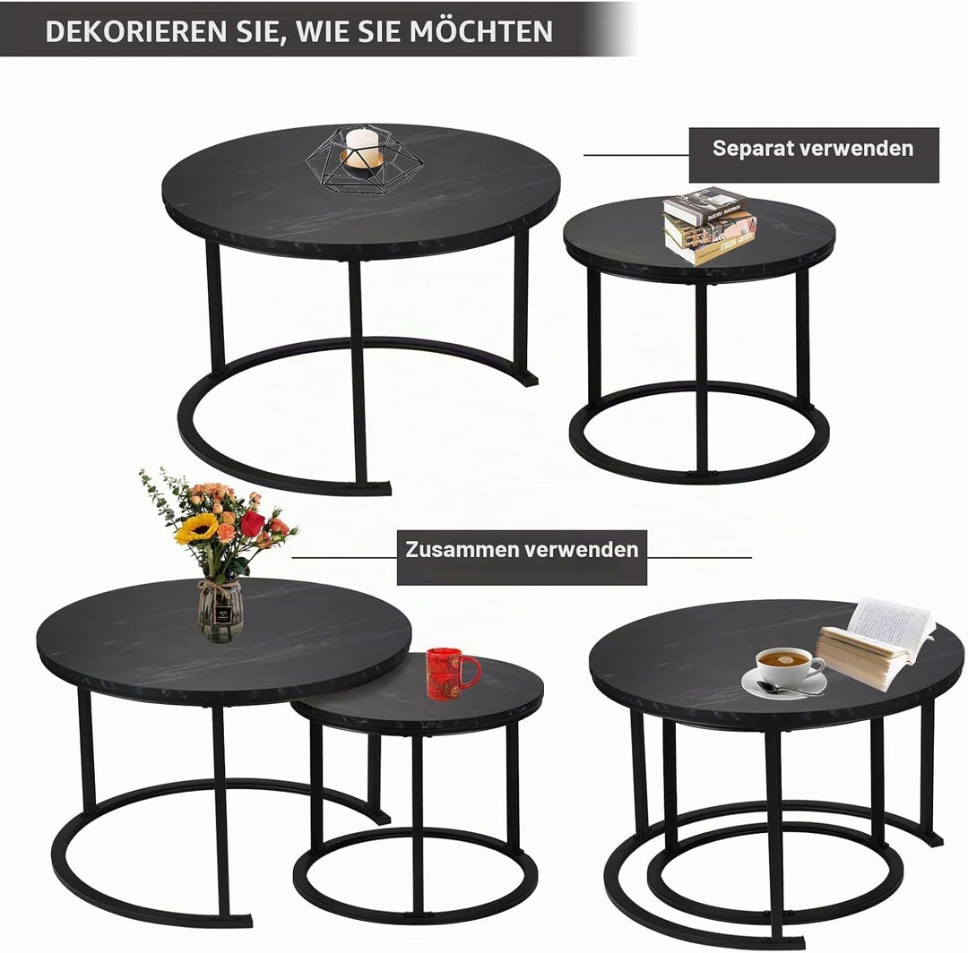 Best Goods Modern Rund Couchtisch 2er Set, wasserdichte Metallhalterung und Marmormuster, für Wohnzi