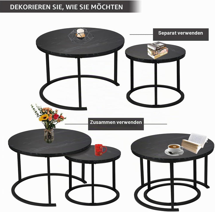Best Goods Modern Rund Couchtisch 2er Set, wasserdichte Metallhalterung und Marmormuster, für Wohnzi