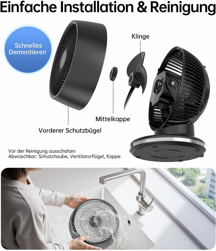 WIE 28dB Leiser Tischventilator, 4 Modi 12-Geschwindigkeit, 90°+90° Oszillation Ventilator, Luftzirk