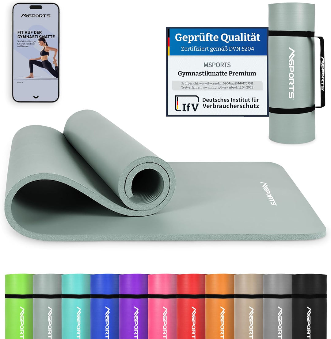 MSPORTS Gymnastikmatte Premium inkl. Tragegurt + Übungsposter + Workout App I Hautfreundliche Fitnes