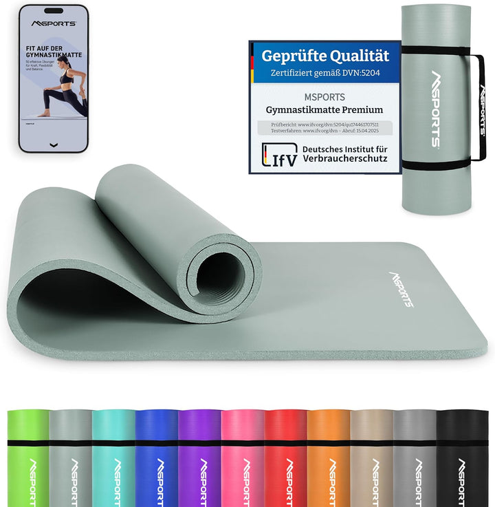 MSPORTS Gymnastikmatte Premium inkl. Tragegurt + Übungsposter + Workout App I Hautfreundliche Fitnes