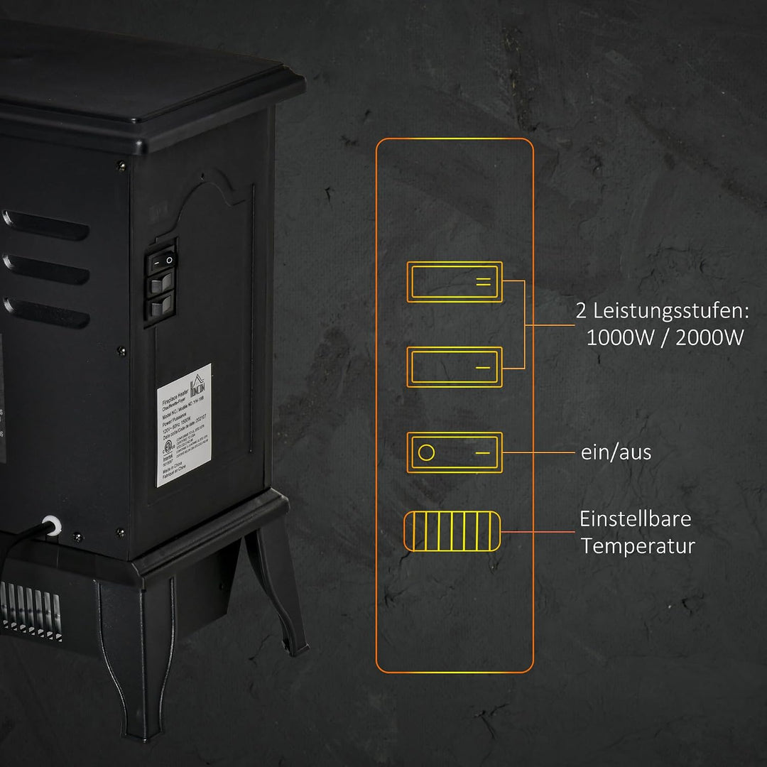 HOMCOM Elektrokamin mit Heizung, elektrischer Kamin mit LED Flammeneffekt, 1000/2000 W, Kaminofen mi