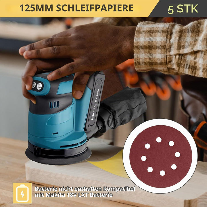 AMTOVL Exzenterschleifer Schleifmaschine Schleifgerät 3 Leistungsstufe mit 5PCS 125mm Schleifpapier