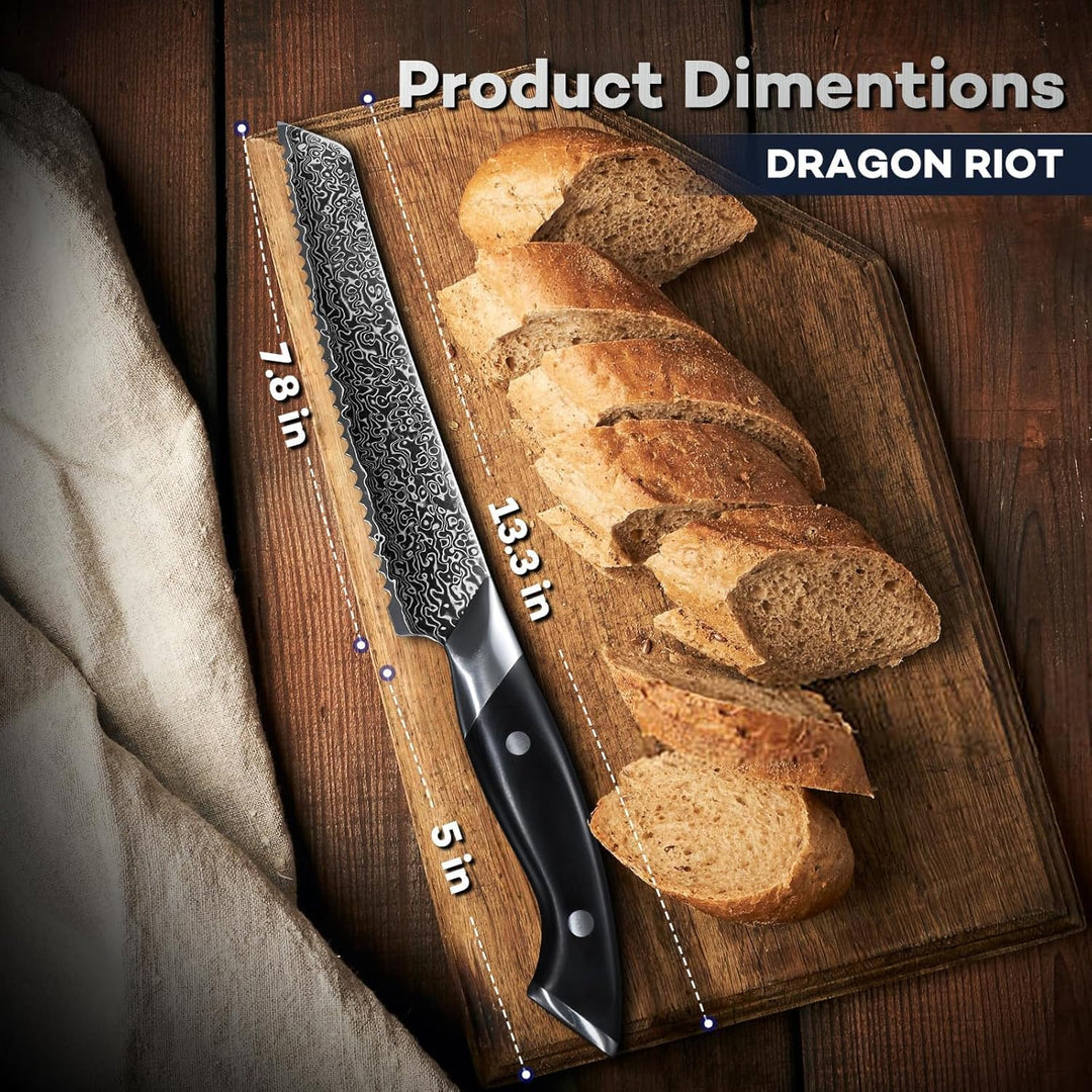 DRAGON RIOT Damast Brotmesser Wellenschliff - Profi Brotschneidemesser mit Holzgriff, Scharfes Sägem