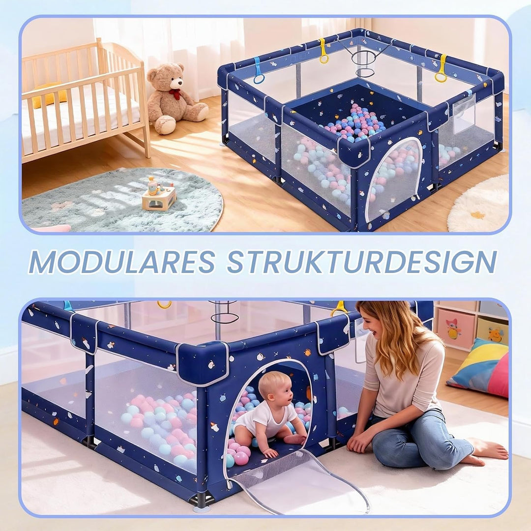 Verdego Laufstall Baby 130 x 130 x 66 cm, Laufgitter Baby, Laufstall Faltbar mit Zugringen, Bällen,