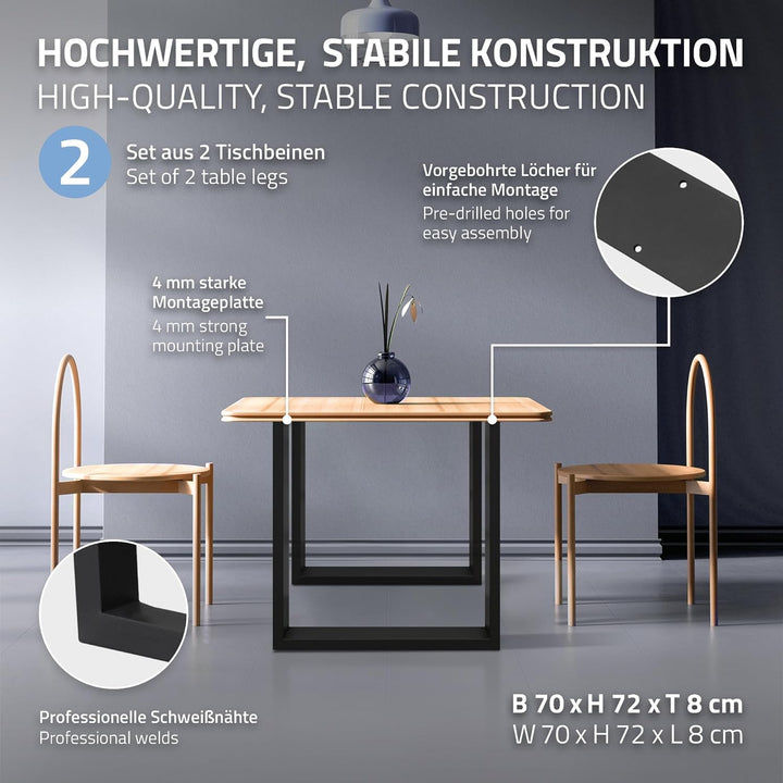 ECD Germany 2er Set Tischbeine aus Vierkantprofilen, 70x72 cm, Schwarz, pulverbeschichtete Stahl, In