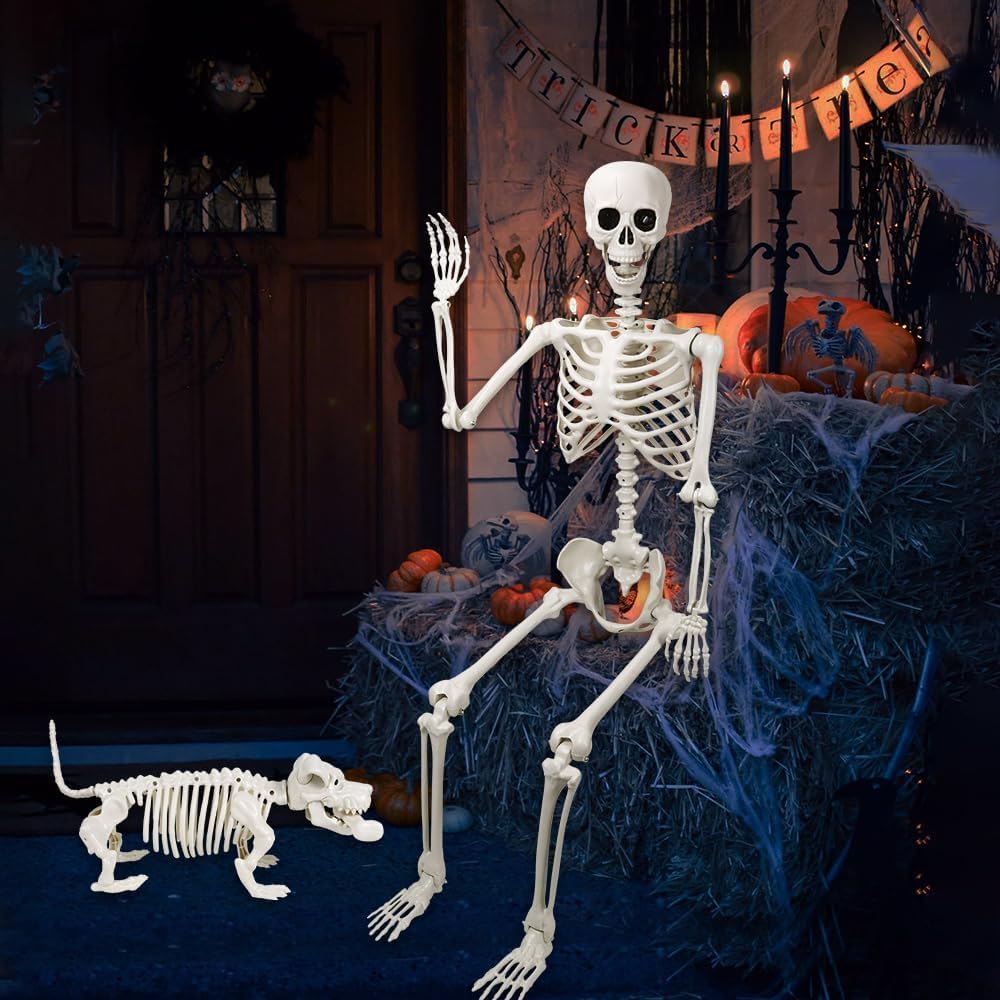 DIYDEC 165cm Halloween Bewegliches Skelett mit Hund, Ganzkörper Hunde Skelett Lebensgrosses Skelett