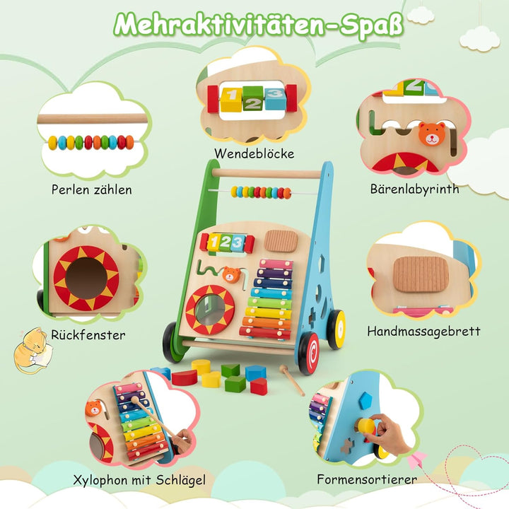 COSTWAY Baby Lauflernhilfe aus Holz, Lauflernwagen multifunktional mit glatten Griffe, Gummireifen &