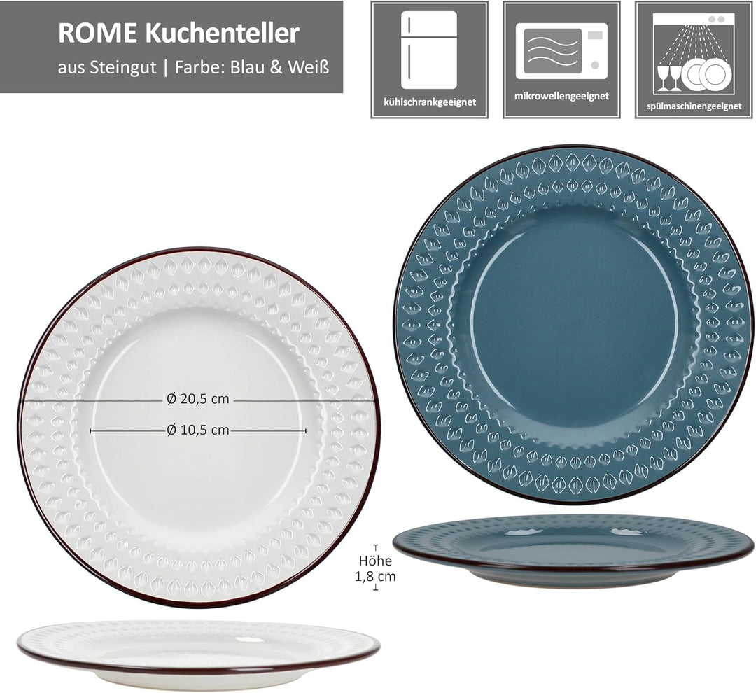 MamboCat Rome blau &amp; weiss 6er Set Kuchenteller I Ø 20,5cm I Steingut-Frühstücksteller mit Rauten-Re