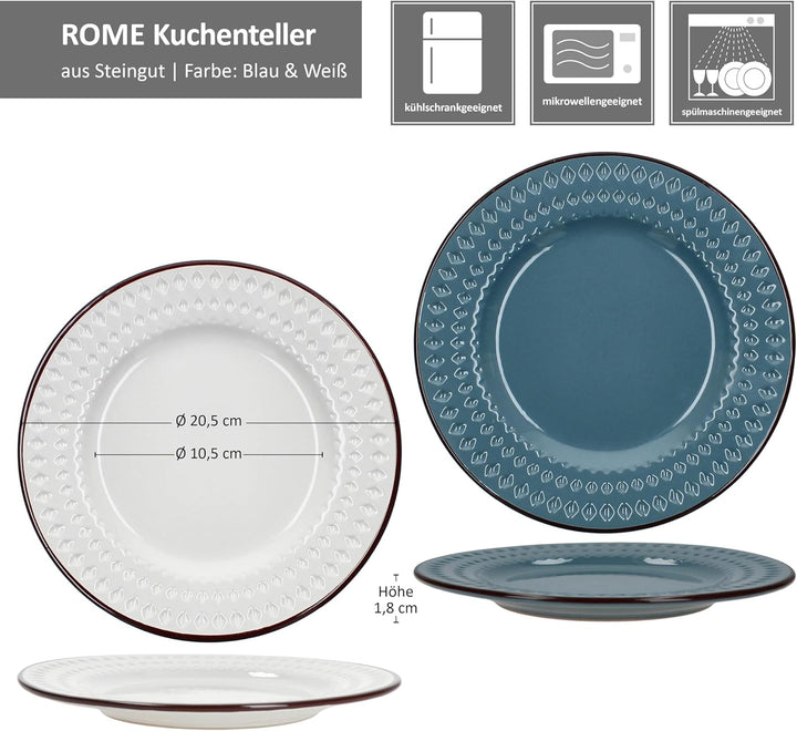 MamboCat Rome blau &amp; weiss 6er Set Kuchenteller I Ø 20,5cm I Steingut-Frühstücksteller mit Rauten-Re